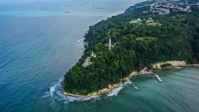 Panoramic view of Varna city lights and the bay at dusk