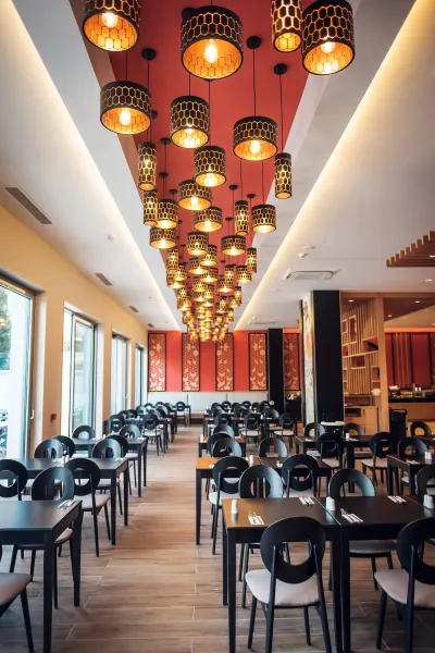 Elegant hotel dining room with a buffet spread